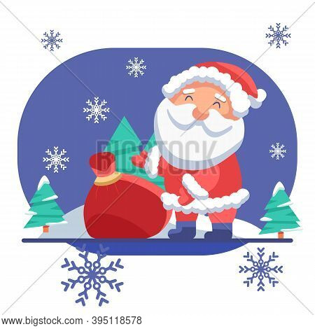 Santa Claus In The Woods On White Isolated Backdrop. Christmas Postcard For Invitation Or Gift Card,