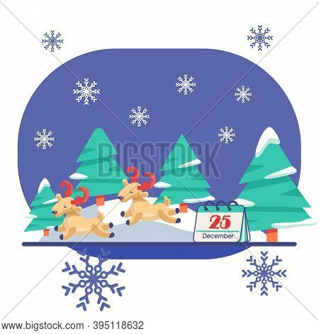 Deers With Fir Trees On White Isolated Backdrop. Christmas Holiday Postcard For Invitation Or Gift C