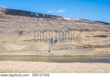 Waterfalls In Fljotsdalur In East Icelandic Countryside