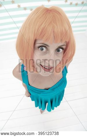 Crazy Girl Advertising Her Orange Hairstyle. Time For New Haircut. Hairstyle Advertising For Hairdre