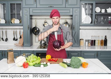 Professional Cook. Chef Teaches How Quickly Chop Vegetables. Chop Food Safely And Efficiently, Ensur