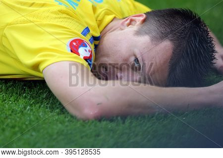Lyon, France - June 16, 2016: Yevhen Konoplyanka Of Ukraine Lies On A Pitch During The Uefa Euro 201