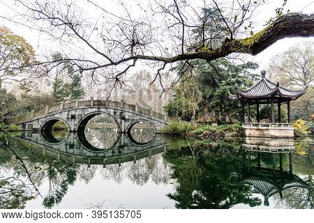 The Beautiful Landscape Scenery Of Xihu West Lake And Pavilion In Winter At Hangzhou China.
