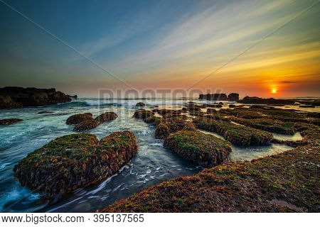 Amazing Seascape. Ocean With Moving Wave. Low Lide. Stones Covered By Green Moss And Seaweeds. Sun O