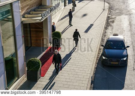 Stockholm - 02/07/2017: People Walking In Front Of Entrance Of Scandic Continental Hotel In Vasagata