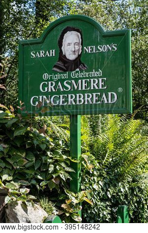 LAKE DISTRICT,UK - AUGUST 8,2019 : Sign at the famous Grasmere Gingerbread Shop on the Lake District in England