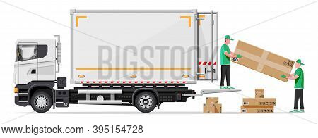 Truck Trailer Loaded With Cardboard Boxes By Movers. Delivery Van With Pile Of Boxes. Express Delive