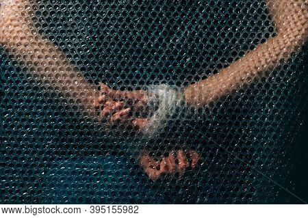 Female Rights. Family Abuse. Domestic Violence. Freedom Protection. Powerless Prisoner Woman Tied Ha