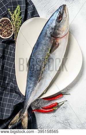 Fresh Whole Japanese Amberjack. Raw Fish Yellowtail. Gray Background. Top View