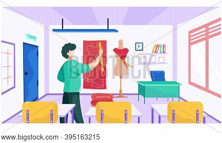 A Male Teacher Explains A New Topic. Sewing Lesson At A School For Seamstresses. Man Shows Pupils Th
