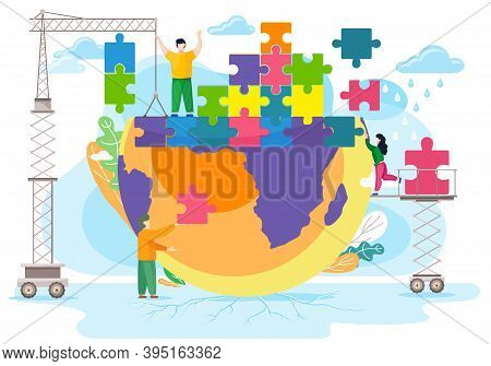 People Help Each Other To Make Colorful Planet. Nature And Environment Concept. The Guy Is Raising H