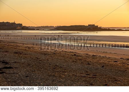 The Evening Light On Beach And Olt Town Of Saint Malo , France, Ille Et Vilaine, Brittany, France,