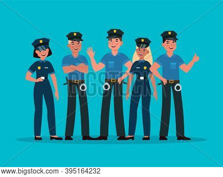 Policemen Group. Women And Men Cops In Uniform With Handcuffs, Guard Patrol, Control Safety And Orde
