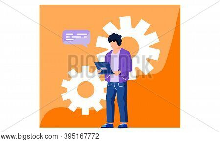 Office Employee Is Working On A Computer And Sending An Email. The Man In A Suit Is Using A Laptop F