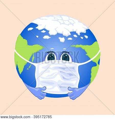Planet Earth In Protective Face Mask Covering Mouth. Vector Virus Around World, Infection And Illnes