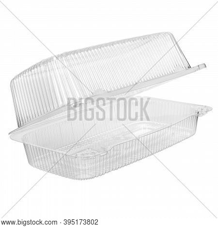 Reusable Plastic Transparent Box For Takeaway, Picnic Or Store Food Isolated On White