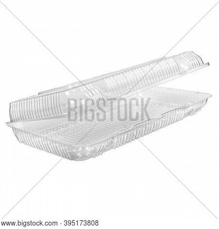Reusable Plastic Transparent Box For Takeaway, Picnic Or Store Food Isolated On White