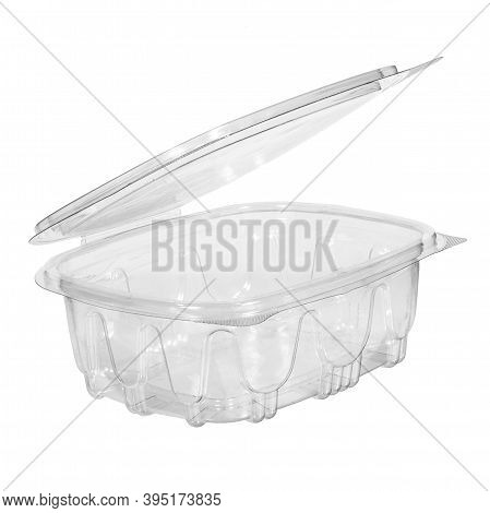 Reusable Plastic Transparent Box For Takeaway, Picnic Or Store Food Isolated On White