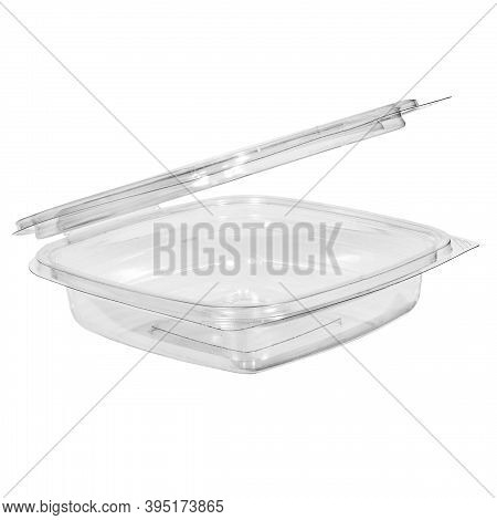 Reusable Plastic Transparent Box For Takeaway, Picnic Or Store Food Isolated On White