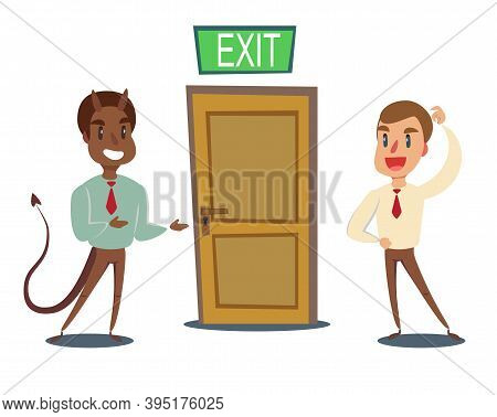 Evil Devil Businessman Invite Men To Opened Door. Stock Flat Vector Illustration.