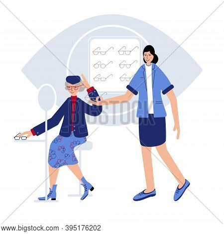 Eyesigh Check Up And Glasses Pick Up. In The Optical Store Doctor Ophthalmologist Suggests Modern Gl