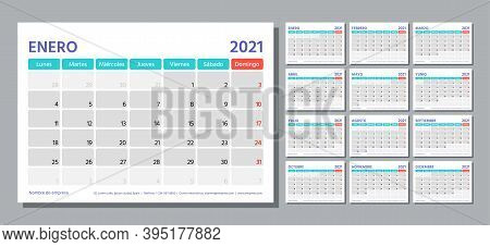 2021 Spanish Planner. Calendar Template. Week Starts Monday. Vector. Calender Layout With 12 Month. 