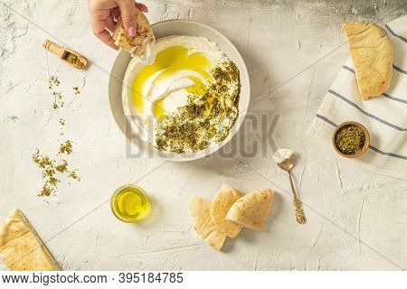 Popular Middle Eastern Appetizer Labneh Or Labaneh, Soft White Goat Milk Cheese With Olive Oil, Hyss