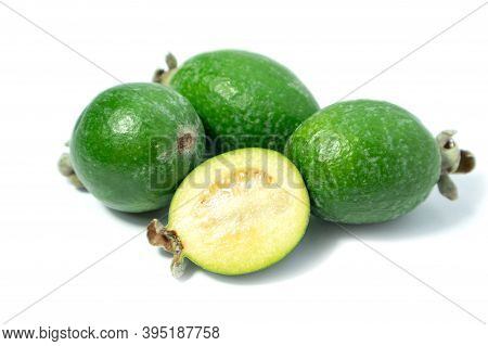 Feijoa Fruits On White Background. Tropical Ripe Feijoa Fruits.