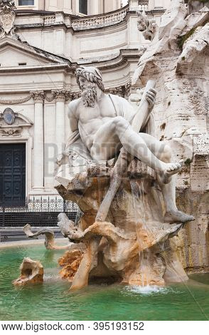 Fontana dei Quattro Fiumi (Fountain of the Four Rivers) detail with river-god Ganges representing Asia, Piazza Navona, Rome, Italy