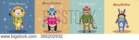 Christmas Animals Card Set Cute Cat, Lion, Pand, Rabbit. Hand Drawn Collection Characters Illustrati