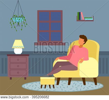 The Night Outside The Window, Man Dozes Off. Relaxing At Home. Cozy Living Room Interior, Oval Fleec
