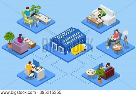 Isometric Business Man Amd Woman Working At Home. Logistics And Delivery Infographics. Delivery Home