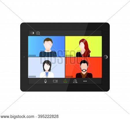 Video Conference On The Tablet Screen. Beautiful Avatars For Profiles. Illustrations Flat Design Con