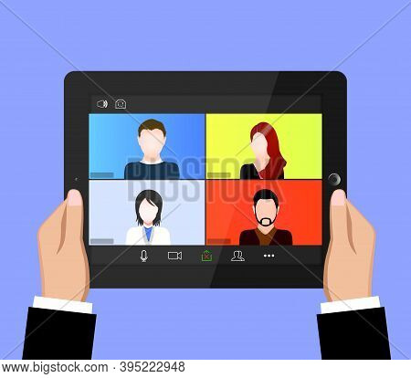 Video Conference On The Tablet Screen. Beautiful Avatars For Profiles. Illustrations Flat Design Con