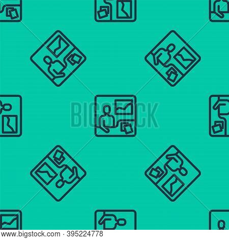 Blue Line Trading Courses Icon Isolated Seamless Pattern On Green Background. Distance Learning Fina