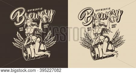 Brewing Vintage Label With Pretty Lady Holding Cup Of Foamy Drink And Sitting On Metal Keg Of Beer O