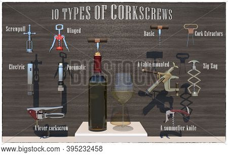 Ten Types Of Corkscrews & Wine Bottle Openers. 3d Rendering