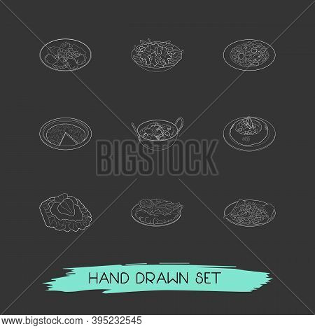 Set Of Food Icons Line Style Symbols With Dining, Chicken Tikka Masala, Finnish Squeaky Cheese And O