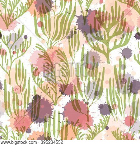 Coral Reef Seamless Pattern. Paint Splashes Drops Watercolor Background. Natural Summer Pattern. Abs