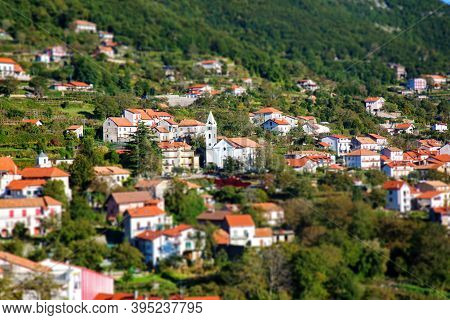 Aerial View Of Agerola Village, Naples Province, Italy. Tilt Shift Image
