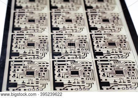 Defocused View Of Printed Circuit Board Fabrication. Designing Diy Electronic Equipment. Selective S