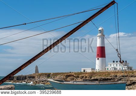 Landscape Photo Of Red Crane And Portland Bill Lighthouse On The Isle Of Portland In Dorset