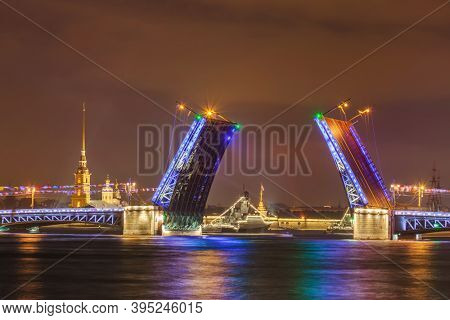 Neva river and open Palace (Dvortsovy) Bridge - St. Petersburg Russia