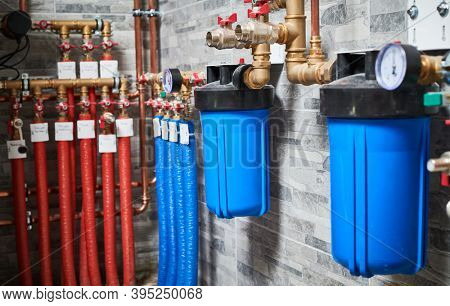 Plumbing service. copper pipeline and expansion vessel of a heating system in boiler room