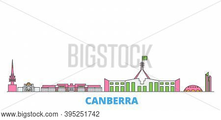 Australia, Canberra Line Cityscape, Flat Vector. Travel City Landmark, Oultine Illustration, Line Wo