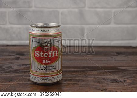 A Vintage Aluminium Can Of Steffl Beer Against The Brick Wall