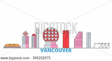 Canada, Vancouver City Line Cityscape, Flat Vector. Travel City Landmark, Oultine Illustration, Line
