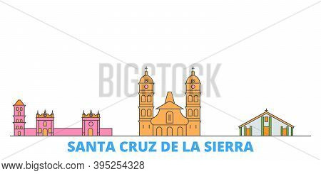 Bolivia, Santa Cruz De La Sierra Line Cityscape, Flat Vector. Travel City Landmark, Oultine Illustra
