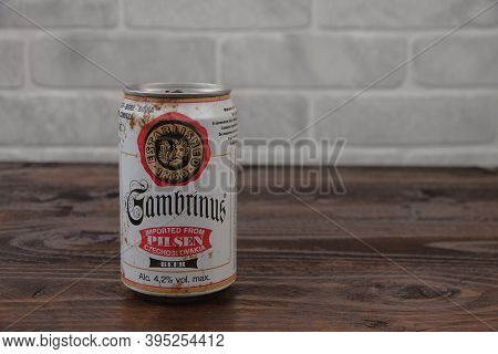 A Vintage Aluminium Can Of Gambrinus Czech Republic Beer Against The Brick Wall