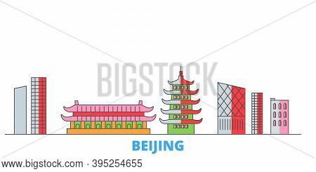China, Beijing City Line Cityscape, Flat Vector. Travel City Landmark, Oultine Illustration, Line Wo